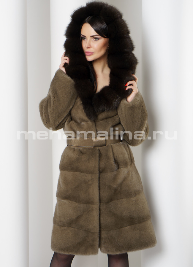Шуба из норки с капюшоном, отделка куница модель № S-779 меха малина