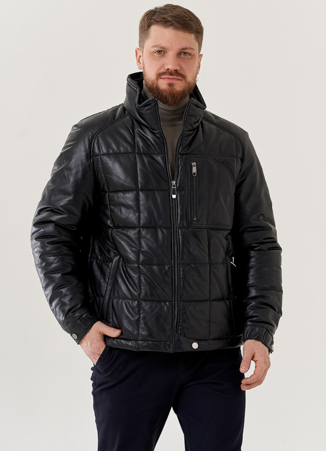 Мужской пуховик из натуральной кожи со стойкой  модель № 78959 меха малина