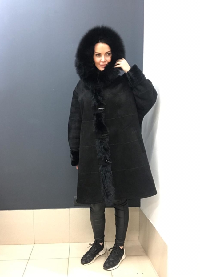 Удлиненная дубленка из эко замши черного цвета модель № A-08 в рассрочку