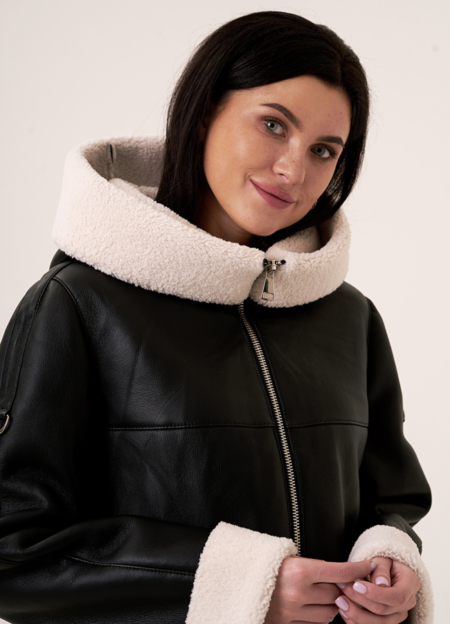 Эко дубленка черного цвета удлиненная на молнии модель № 79450 универмаг малина