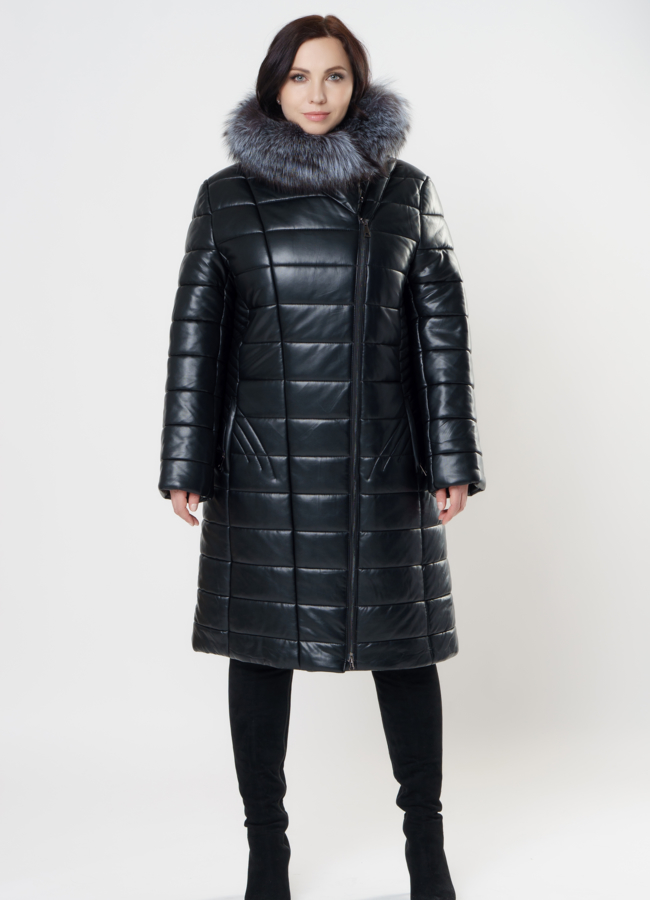 фото Удлиненный пуховик из эко кожи с чернобуркой модель № 8906