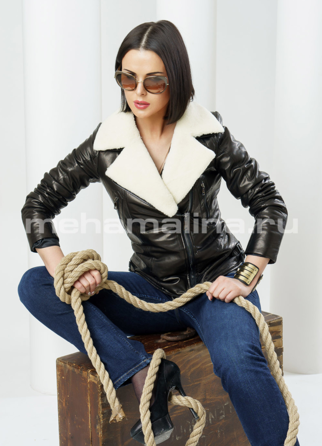 Кожаная куртка, воротник мутон модель № K-275 меха малина