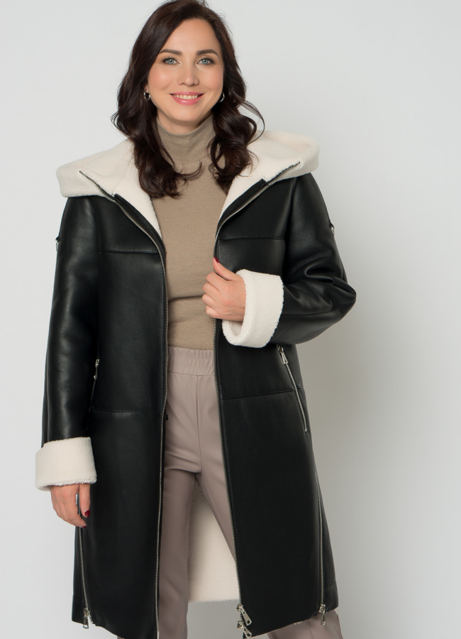 Удлиненная эко дубленка черного цвета на молнии модель № 23628 универмаг малина