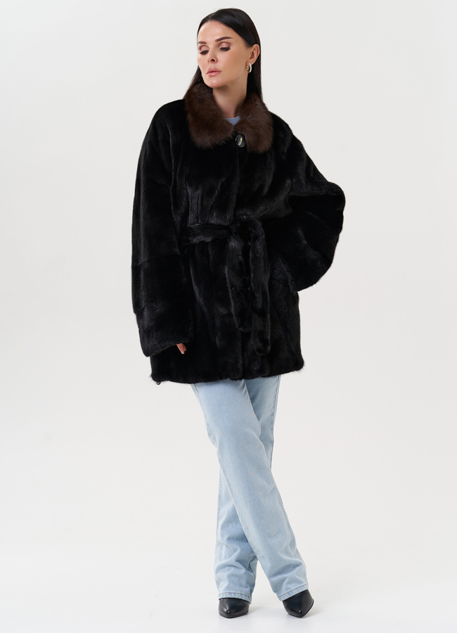 фото Женская норковая шуба с отделкой из куницы модель № 27587