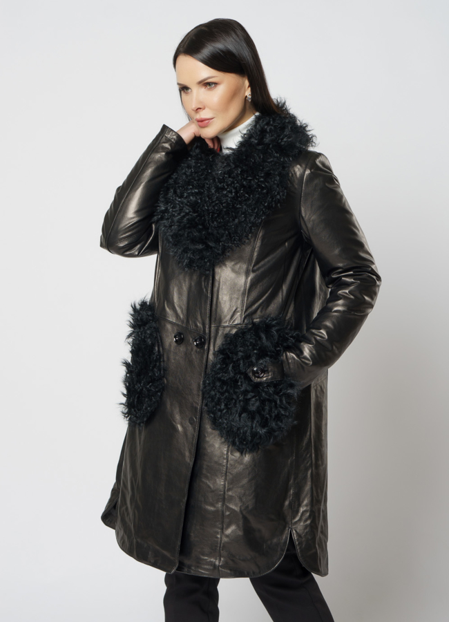 Полупальто из натуральной кожи черного цвета модель № 18237 меха малина