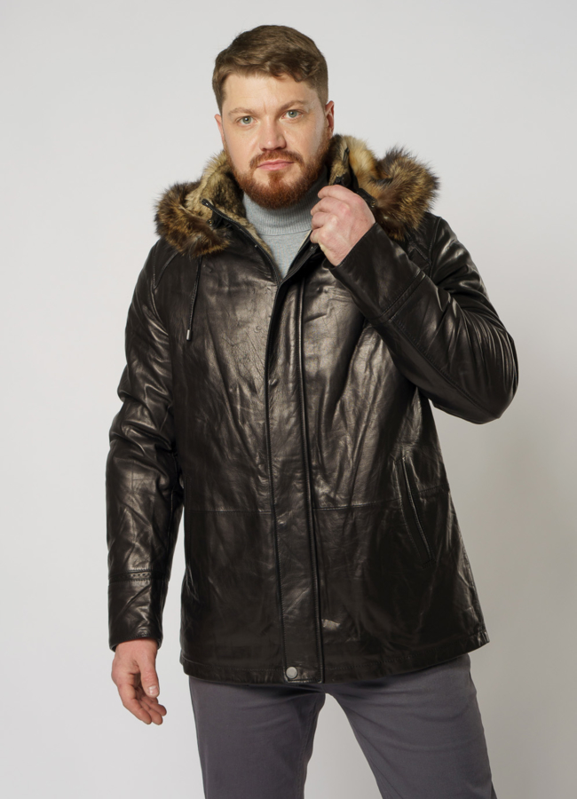 Дубленка из натуральной кожи на волке с капюшоном модель № DM-131 меха малина