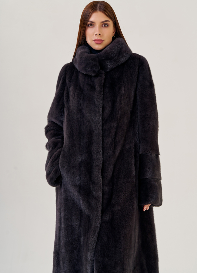 Длинная шуба из норки с воротником - стойкой модель № 78829 меха малина
