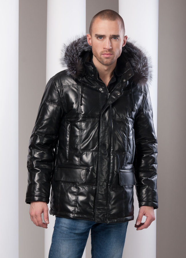 Кожаный пуховик удлиненный модель № ПМ-42 в кредит