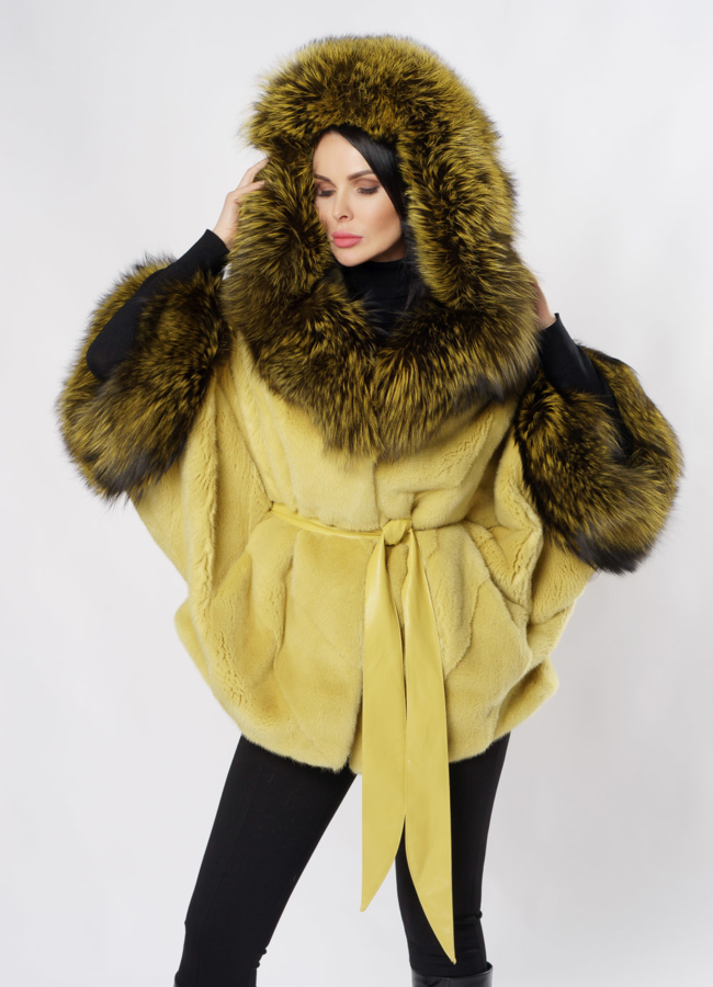 Норковая шуба желтого цвета с капюшоном  модель № S-850 универмаг малина