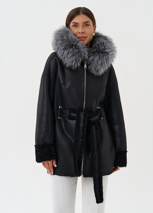 Двухсторонняя дубленка из эко кожи с капюшоном модель № 27772 в кредит