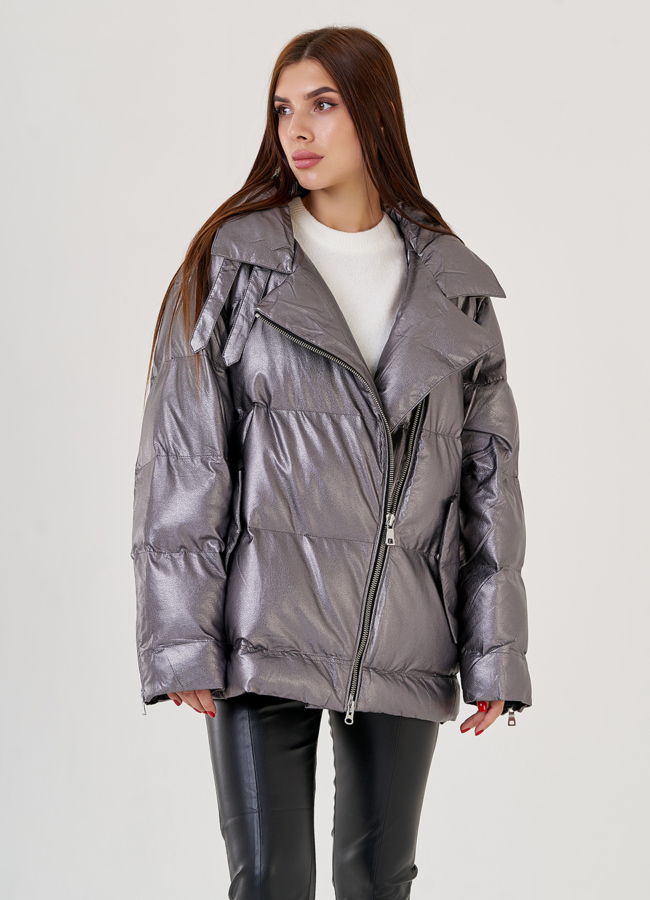 Серебристый пуховик Malina Siberian из эко кожи модель № 79214 универмаг малина