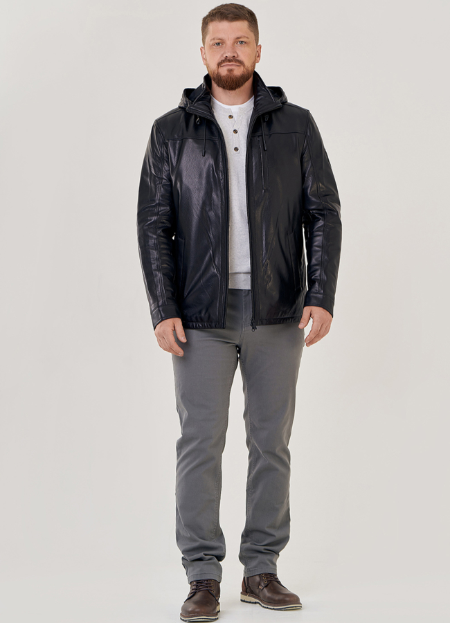 фото Мужская кожаная куртка с капюшоном модель № 23146