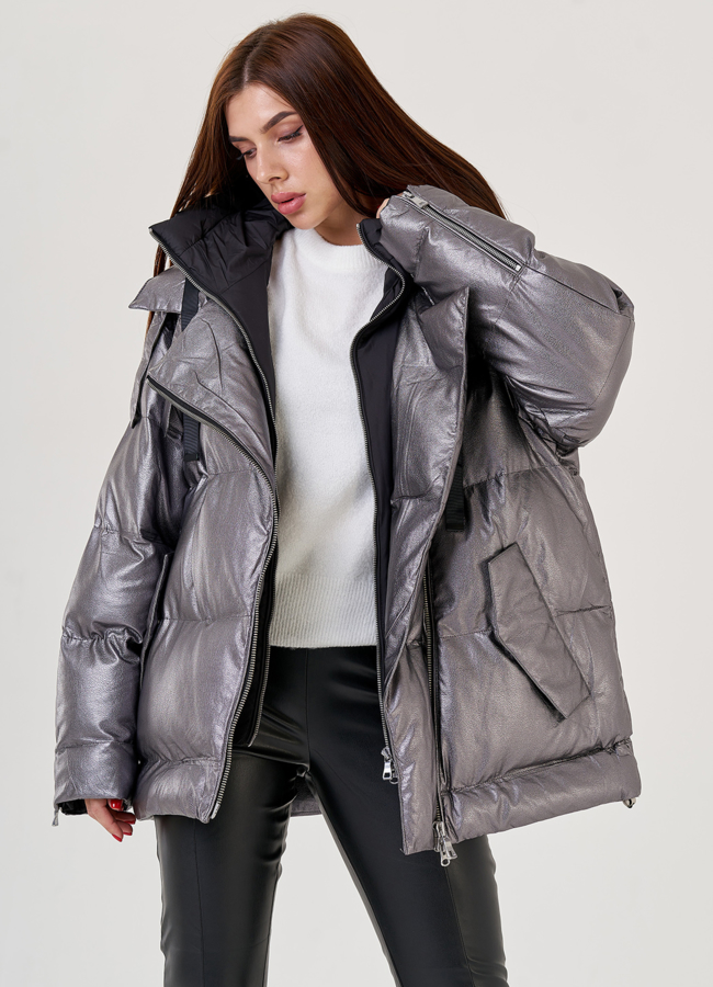 Серебристый пуховик Malina Siberian из эко кожи модель № 79214 универмаг малина