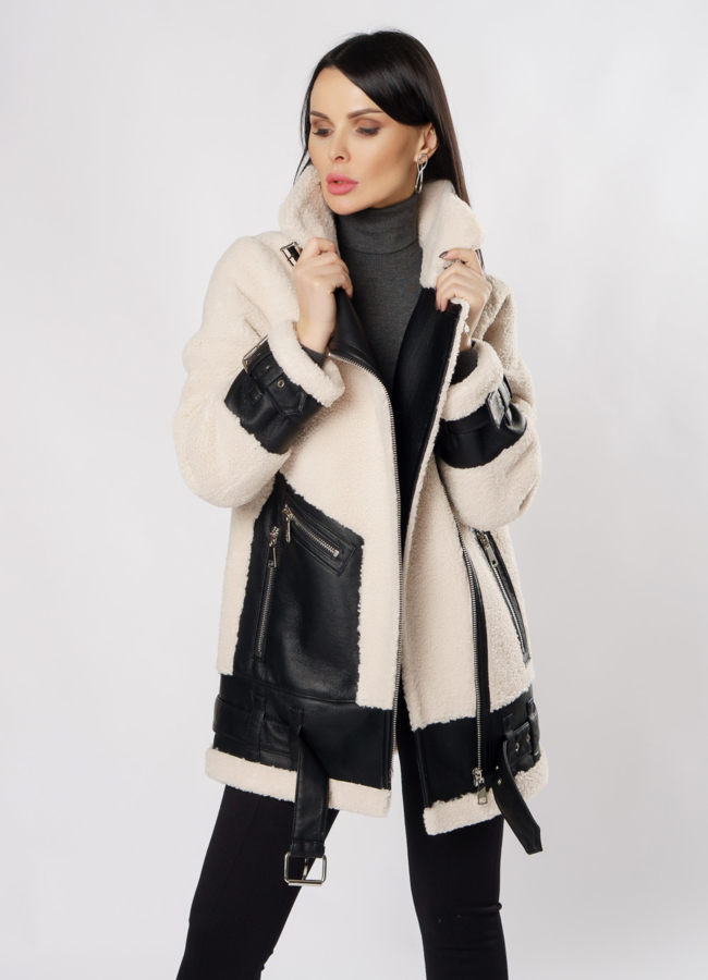 Дубленка пилот из эко кожи модель № 18994 меха малина