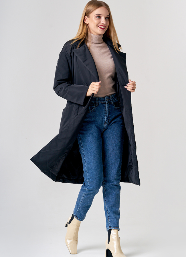 Двубортное плащевое пальто в черном цвете модель № 21156 универмаг малина