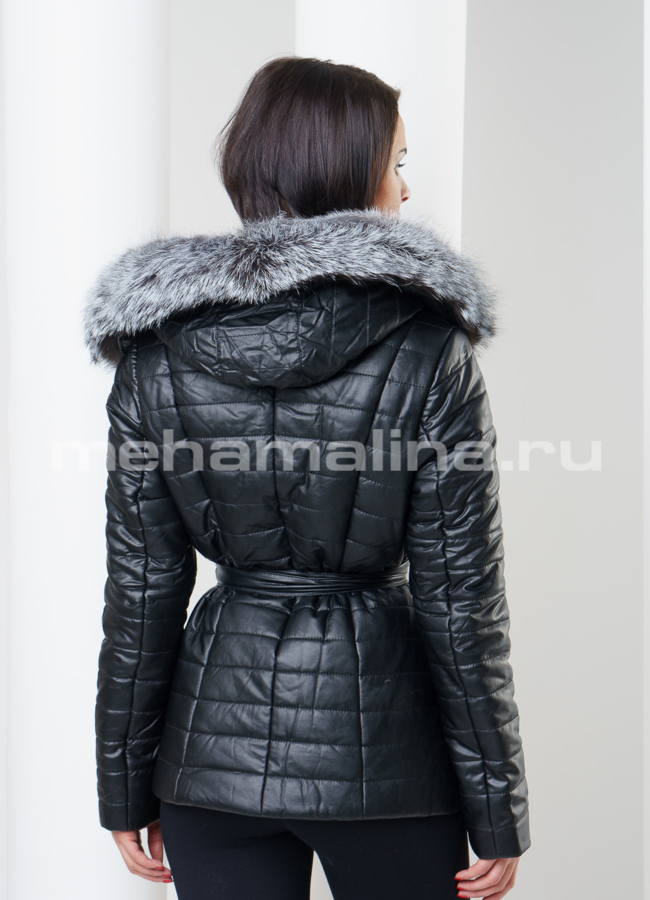 Укороченный пуховик из экокожи модель № П-43 в кредит
