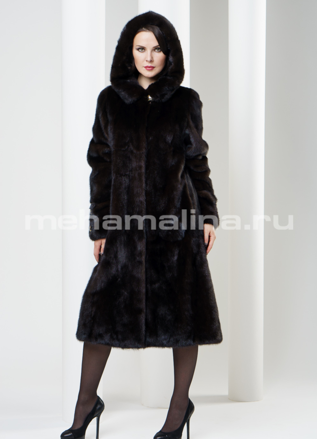 Шуба норка с капюшоном, цвет махагон. Длина 110см модель № S-173 в кредит