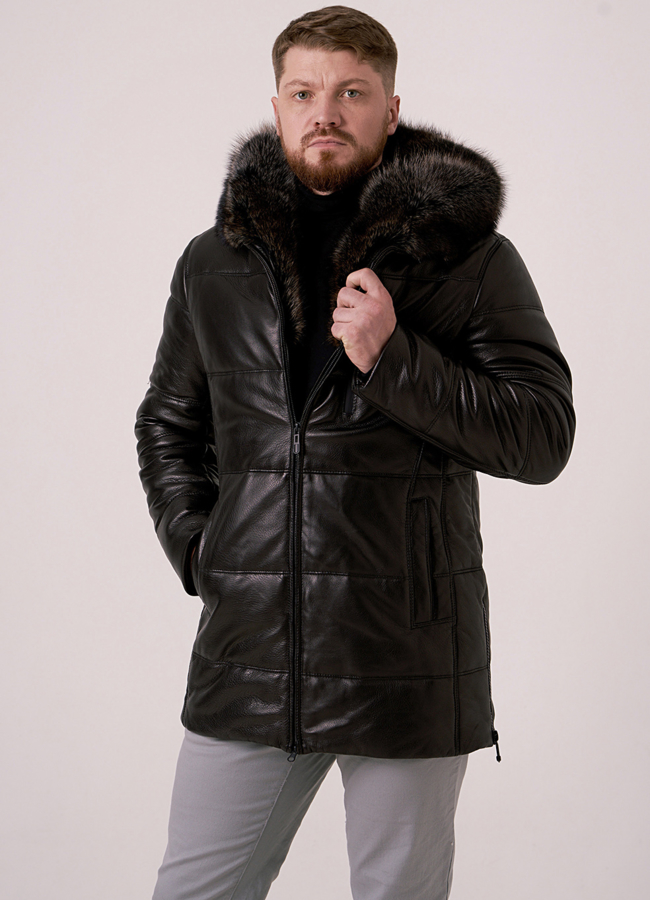 Зимний пуховик из натуральной кожи с мехом  модель № 1776-2 меха малина