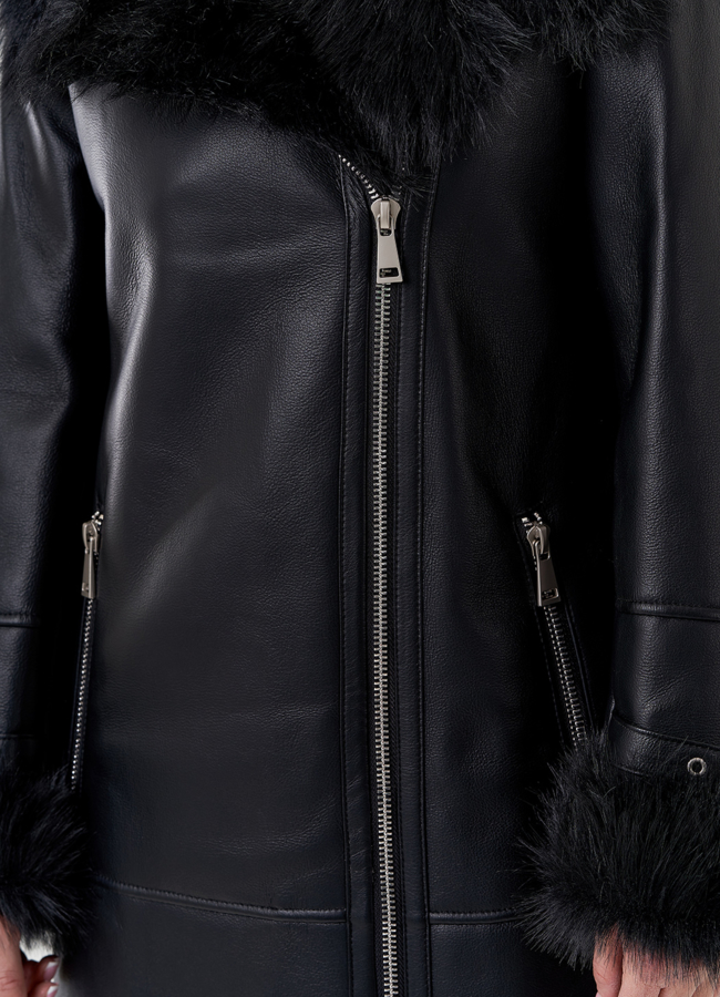 Женская дубленка из эко кожи черного цвета  модель № 79456 универмаг малина