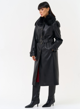 Женское утепленное пальто из экокожи с воротником из эко меха Женское утепленное пальто из экокожи с воротником из эко меха