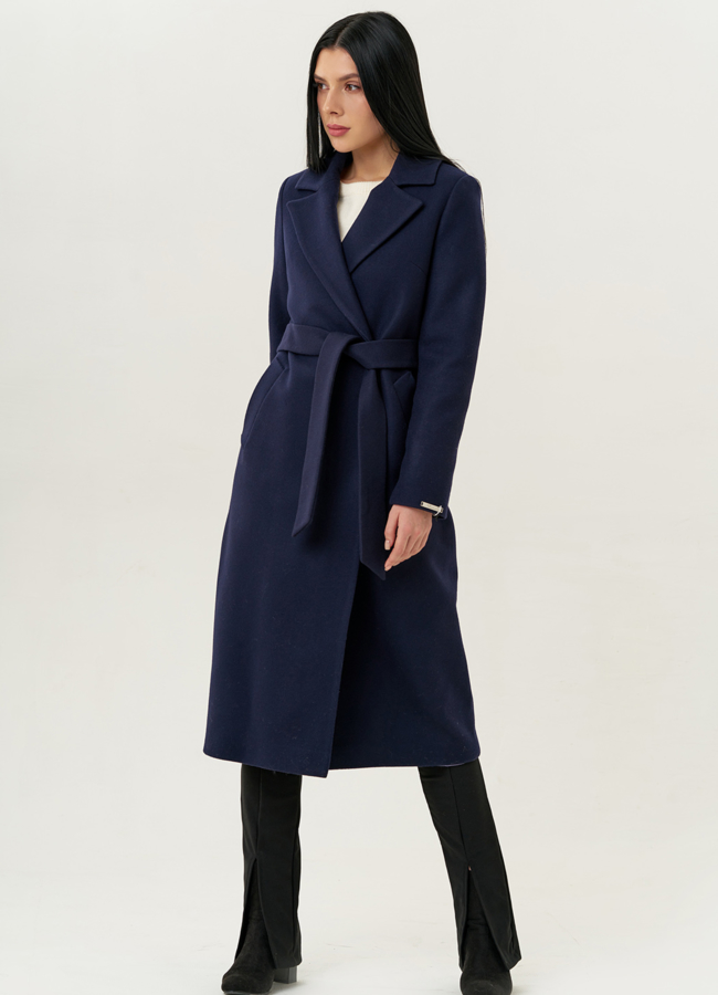 Классическое женское пальто темно-синего цвета с поясом модель № 21899 универмаг малина