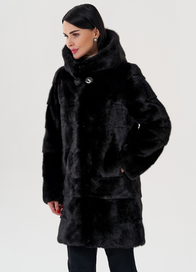 Шуба из норки с капюшоном черного цвета модель № 24727 универмаг малина