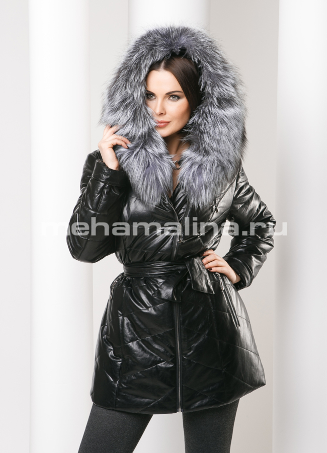 Пуховик с капюшоном модель № П-118 меха малина