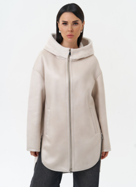 Женская дубленка из эко замши с капюшоном