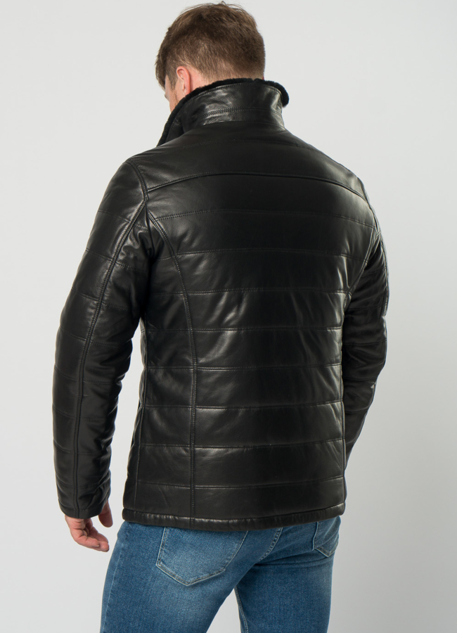 Мужской пуховик из натуральной кожи с отделкой из овчины модель № 21916 в кредит