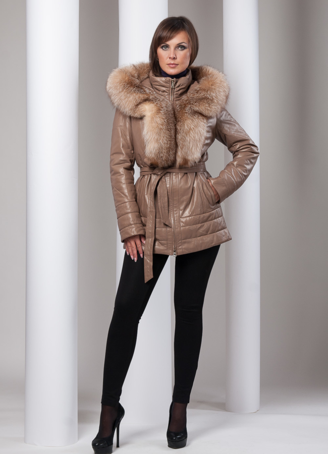 Кожаные куртка с мехом модель № K-138 меха малина