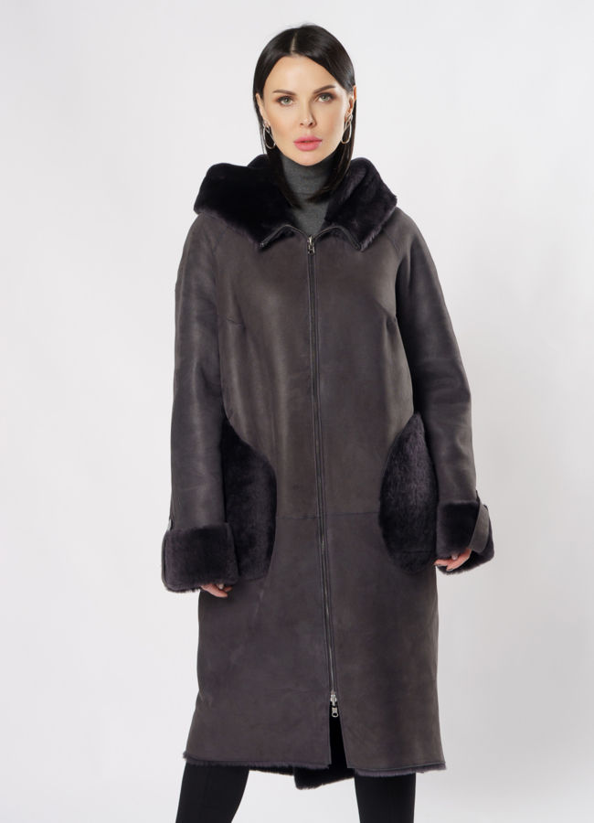 Двусторонняя дубленка с капюшоном на молнии модель № 3486 в кредит