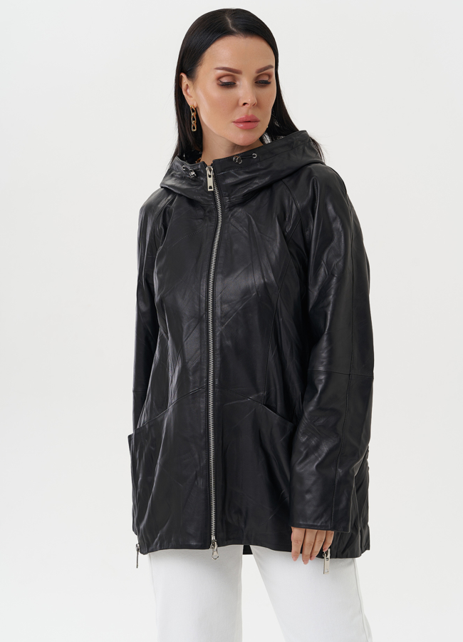 Женская кожаная куртка с капюшоном модель № 28032 в кредит