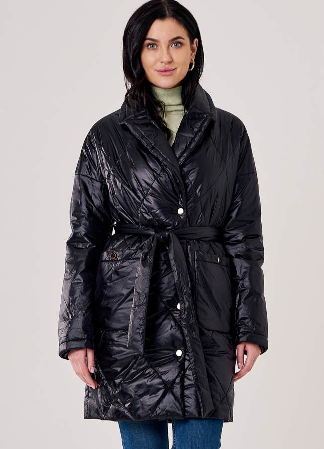 Пальто укороченное демисезонное черного цвета модель № 20493 меха малина