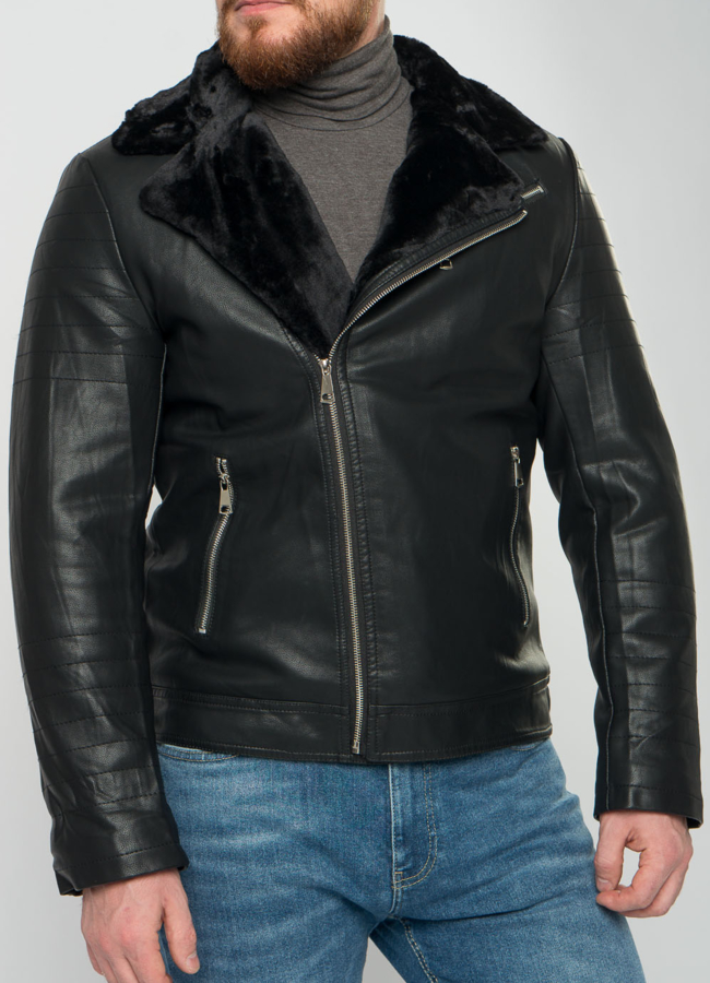 Мужская эко дубленка-косуха черного цвета модель № 21966 универмаг малина