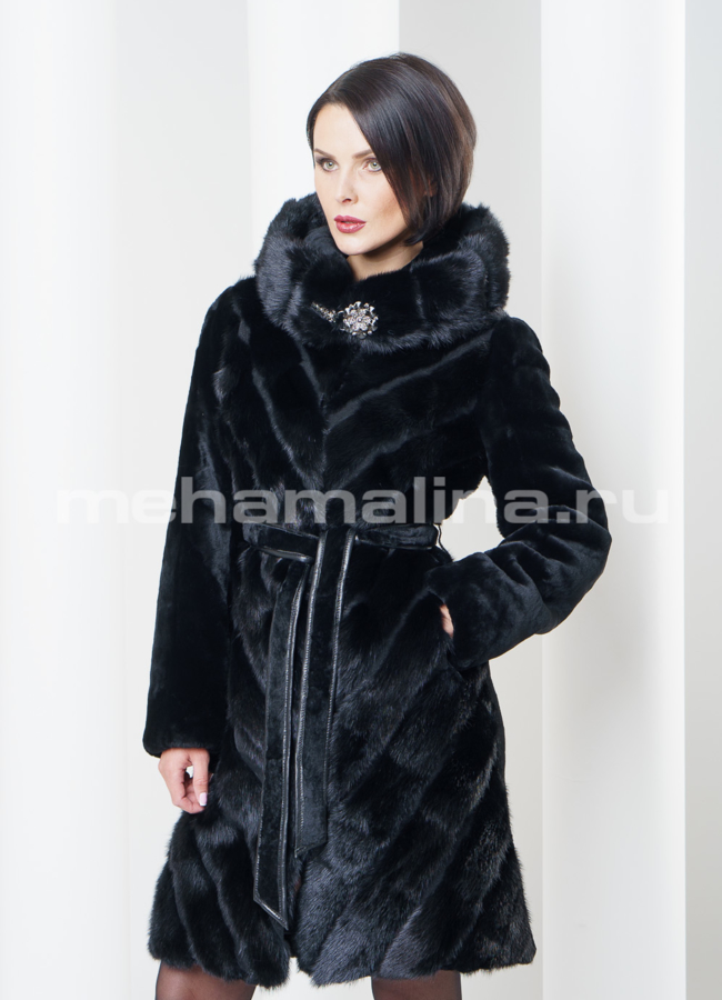 Шуба из мутона с норкой, цвет черный модель № S-304 универмаг малина