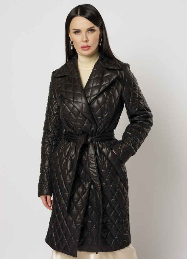 Утепленное женское пальто на поясе модель № 17779 в кредит