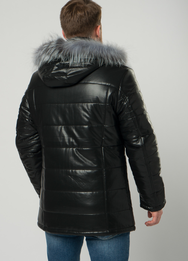 Мужской пуховик из эко кожи с капюшоном модель № 21877 в кредит