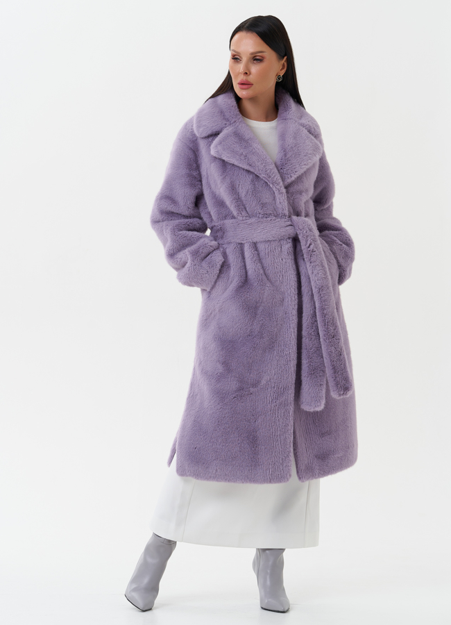 Пальто из эко меха с поясом модель № 1365 универмаг малина