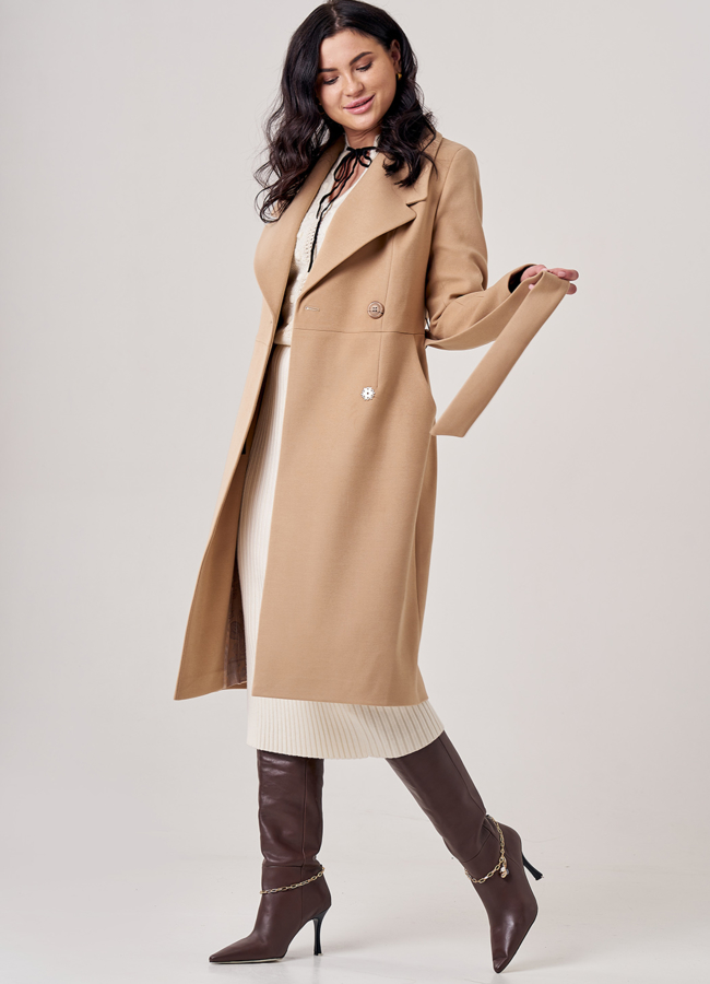Пальто женское бежевого цвета с поясом модель № 20724 универмаг малина