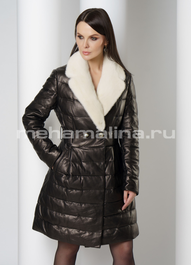 Кожаный пуховик с английским воротником, отделка норка модель № 922 меха малина