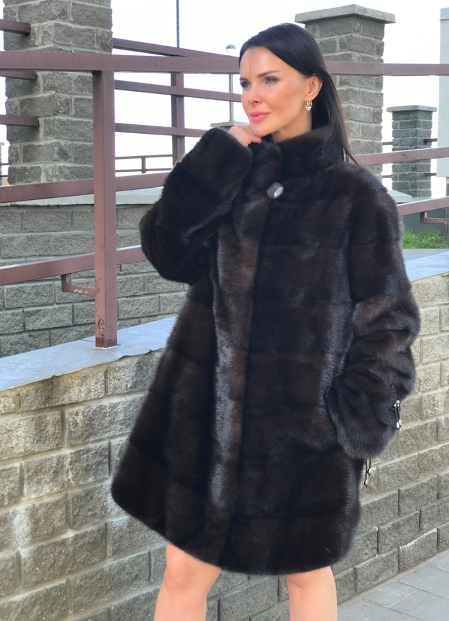 Норковая шуба с воротником стойкой модель № S-781 меха малина