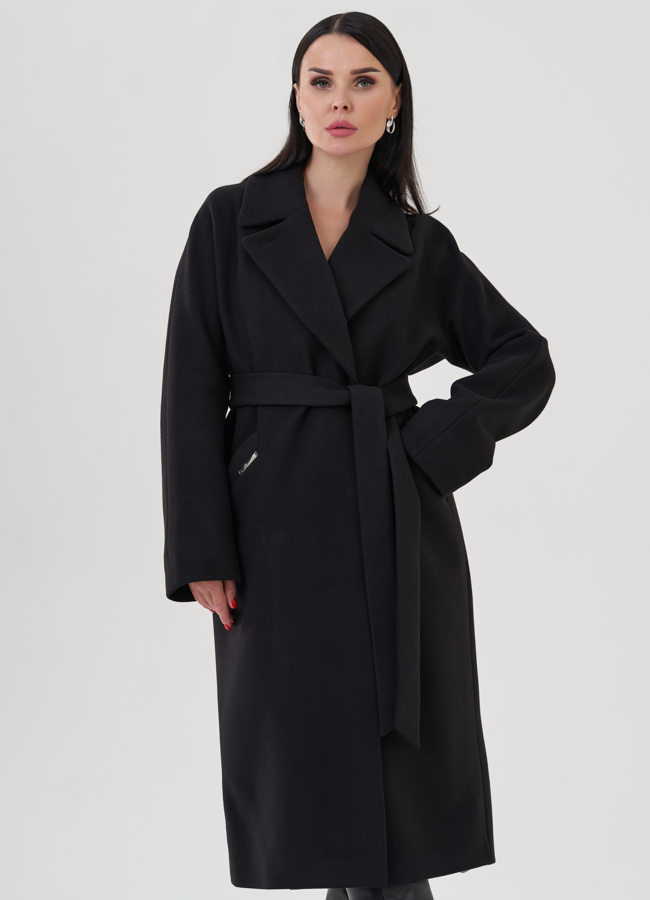 Женское пальто черного цвета с английским воротником модель № 22959 в кредит