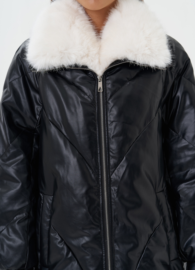 Пуховик из эко кожи с воротником из эко меха модель № 25468 универмаг малина