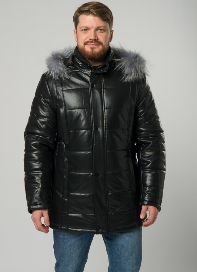 Мужской пуховик из эко кожи с капюшоном модель № 21877 в рассрочку