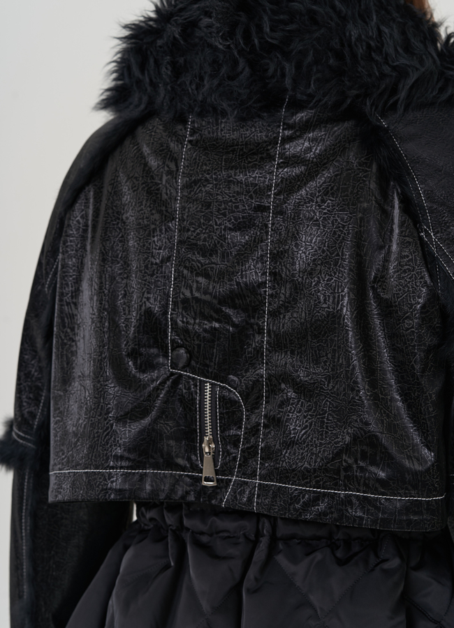 Полупальто черного цвета с мехом кролика  модель № 82201 универмаг малина