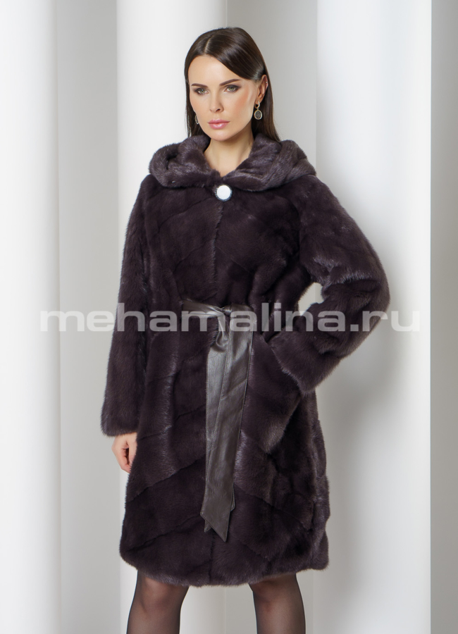 Шуба из норки с капюшоном в цвете уголь модель № S-757 меха малина