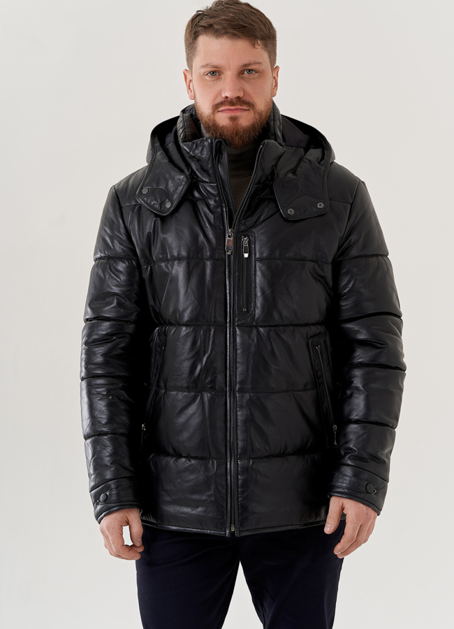 Пуховик мужской из натуральной кожи  модель № 79167 меха малина