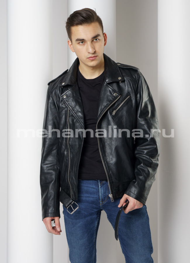 Мужская куртка-косуха из натуральной кожи модель № 010 меха малина