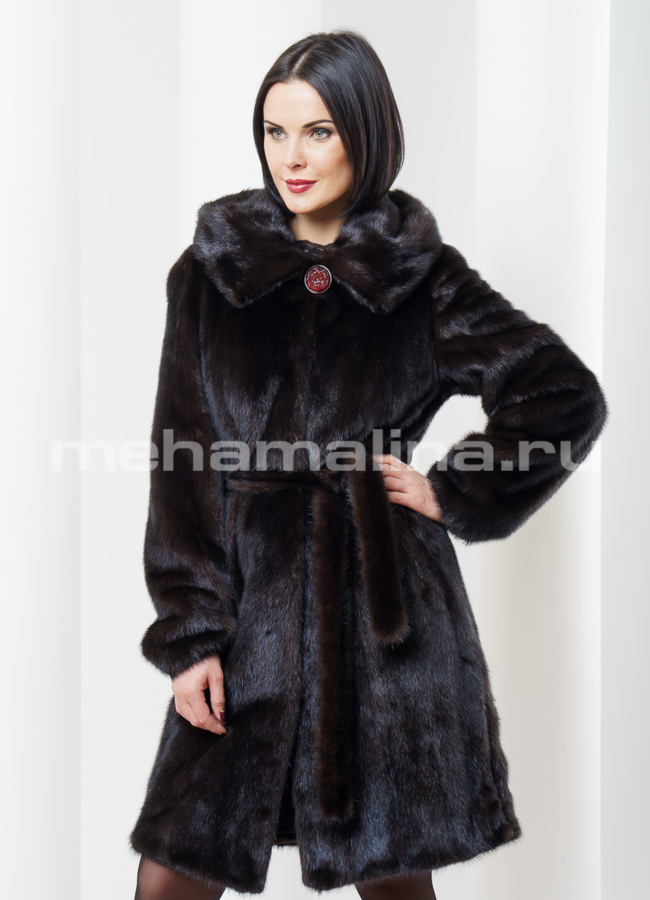 Норковая шуба с поясом 100см модель № S-354 меха малина