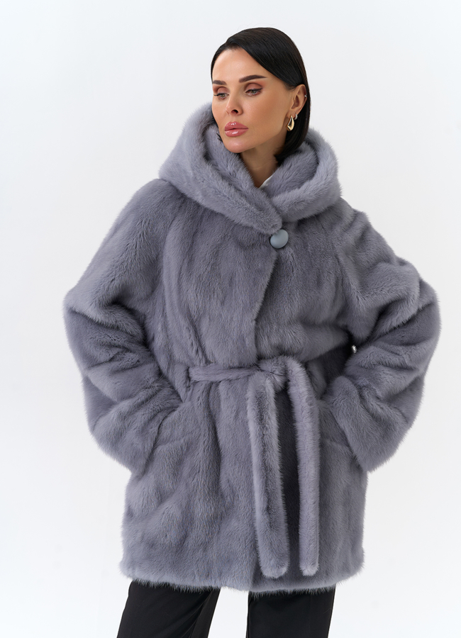 Шуба из меха норки с капюшоном модель № 32129 меха малина